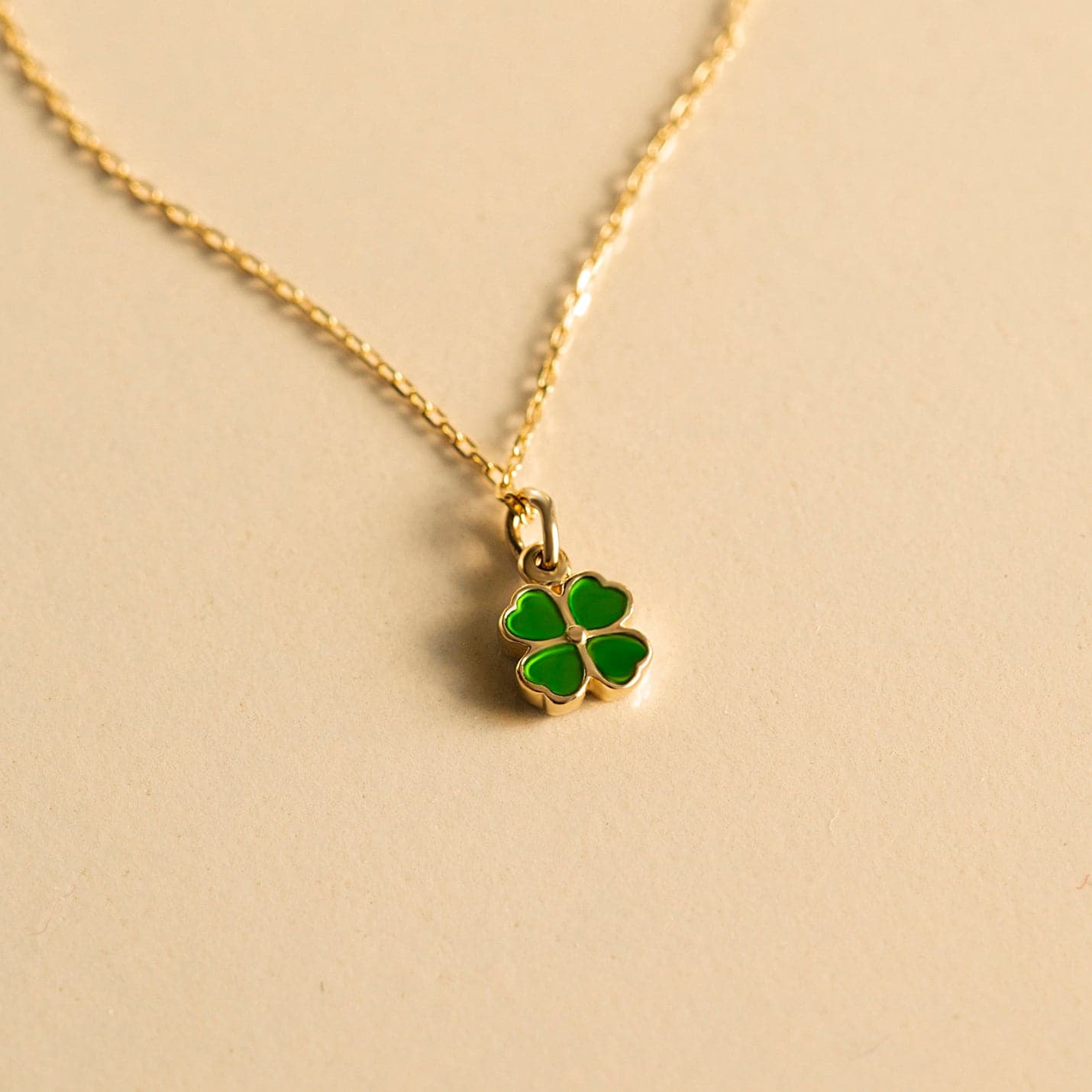 Shamrock Necklace for Women in 14k Solid Gold Green Clover