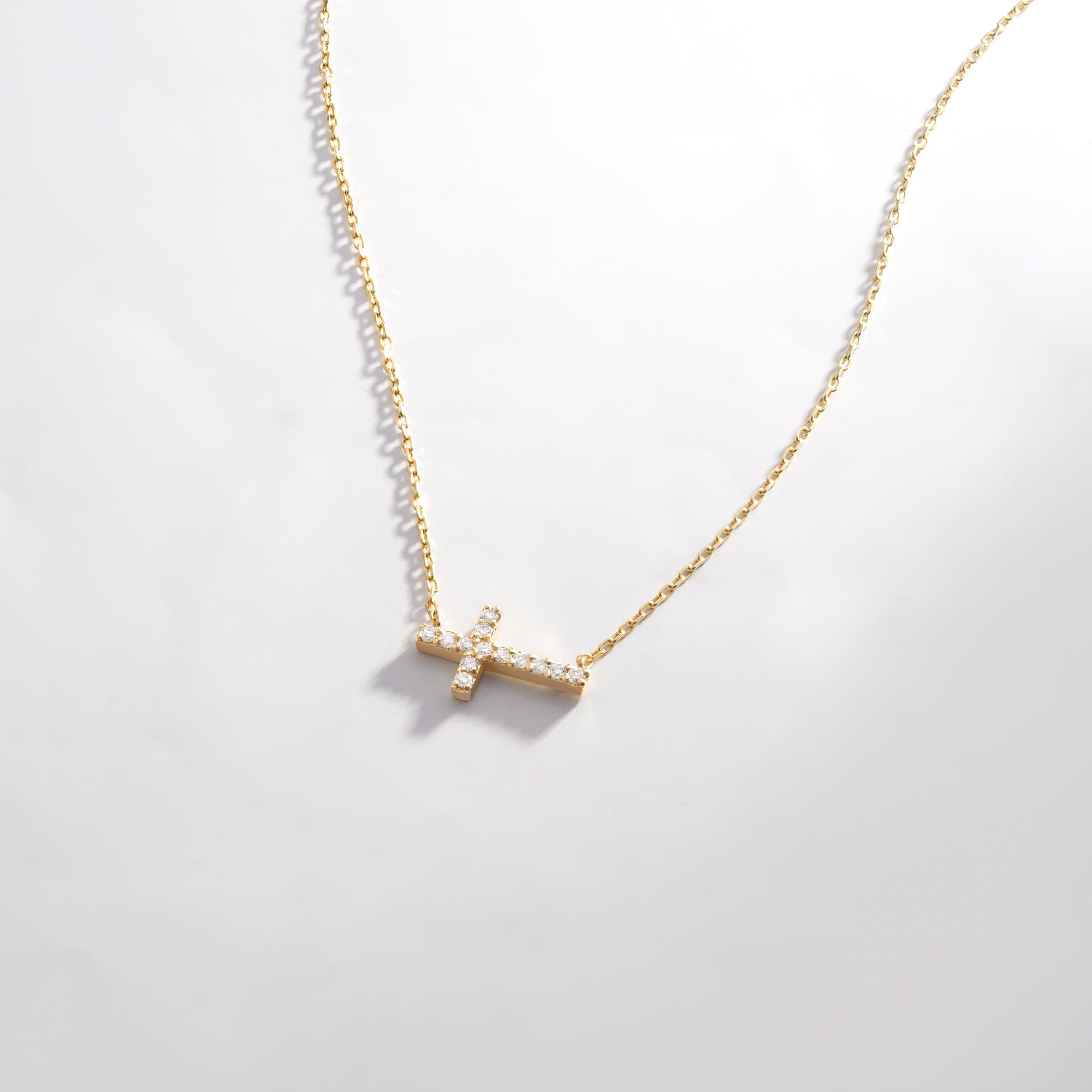 14K Solid Gold and Diamond Horizontal Cross Necklace Cross