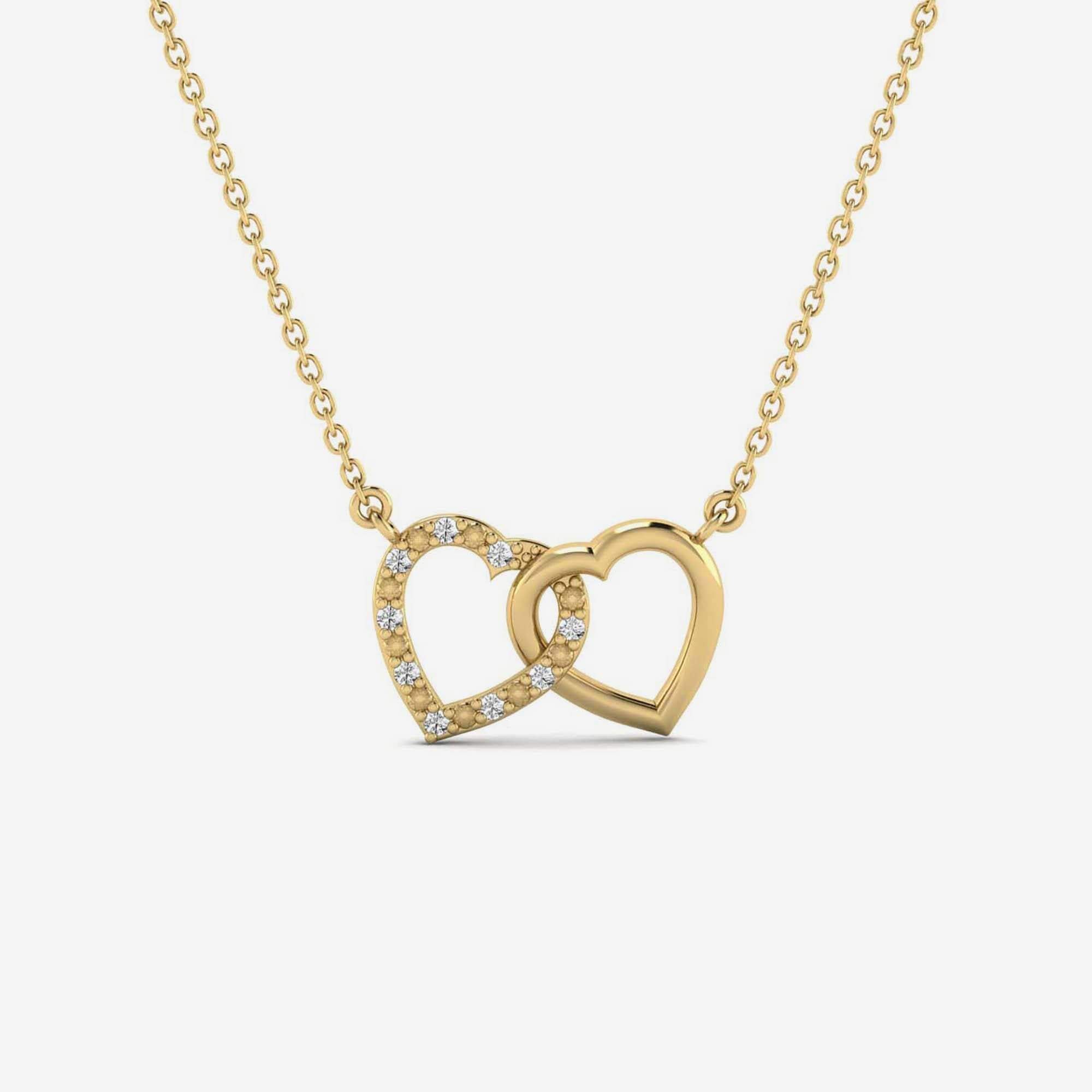 Double Hearts Necklace in 14K Solid Gold with Diamond, Women by