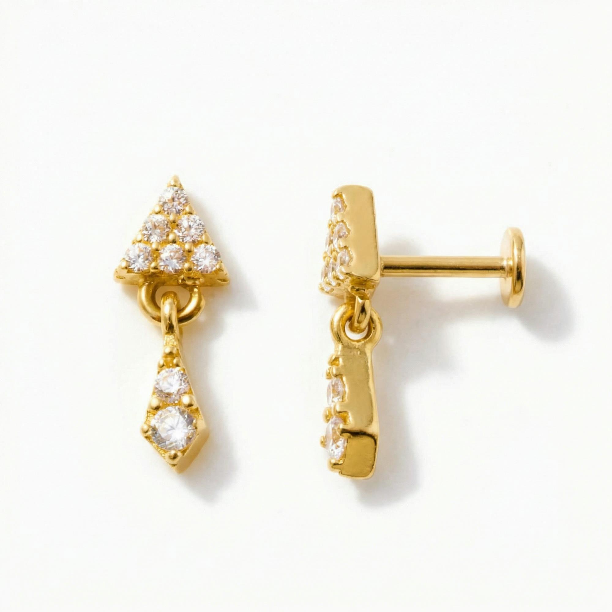Gelin 14k Solid Gold Tiangle Dangle Flat Back Piercing Stud