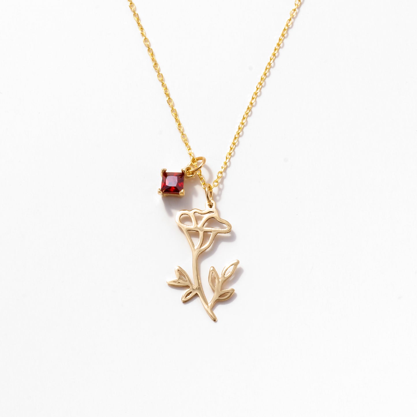 Birth Flower with Birthstone Pendant Necklace in 14k Solid Gold