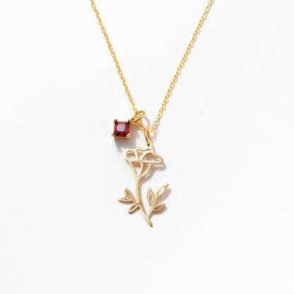 Birth Flower with Birthstone Pendant Necklace in 14k Solid Gold