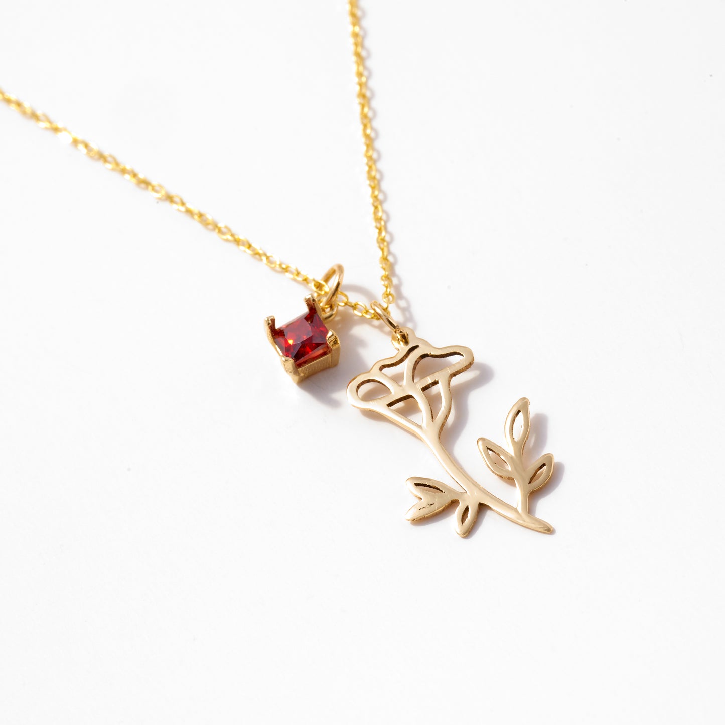 Birth Flower with Birthstone Pendant Necklace in 14k Solid Gold