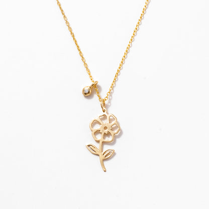 Birth Flower with Diamond Necklace in 14k Solid Gold