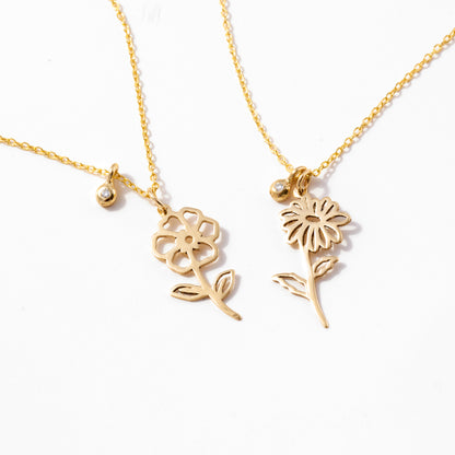 Birth Flower with Diamond Necklace in 14k Solid Gold