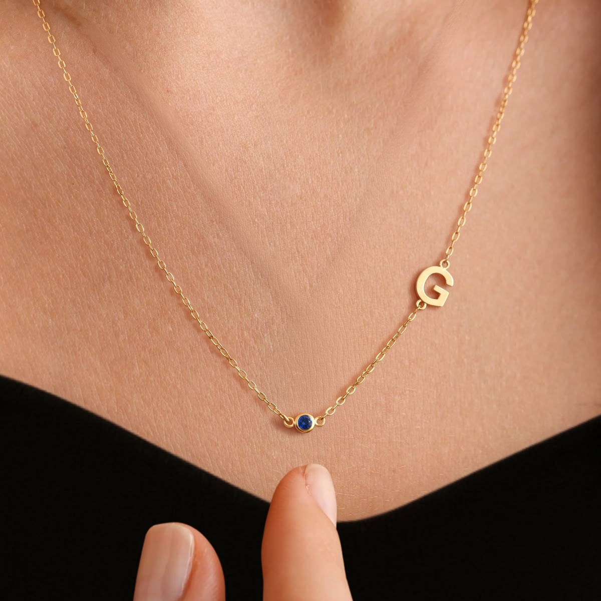 Personalized Sideways Initial Birthstone Necklace