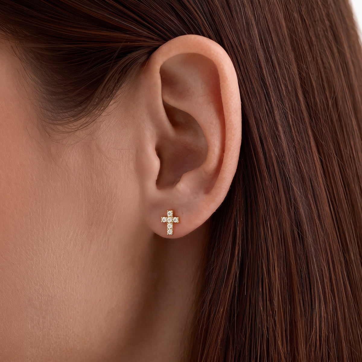 Diamond Mini Cross Stud Earrings