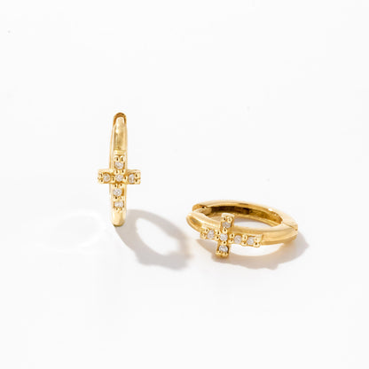 Mini Diamond Cross Hoop Earrings in 14k Solid Gold