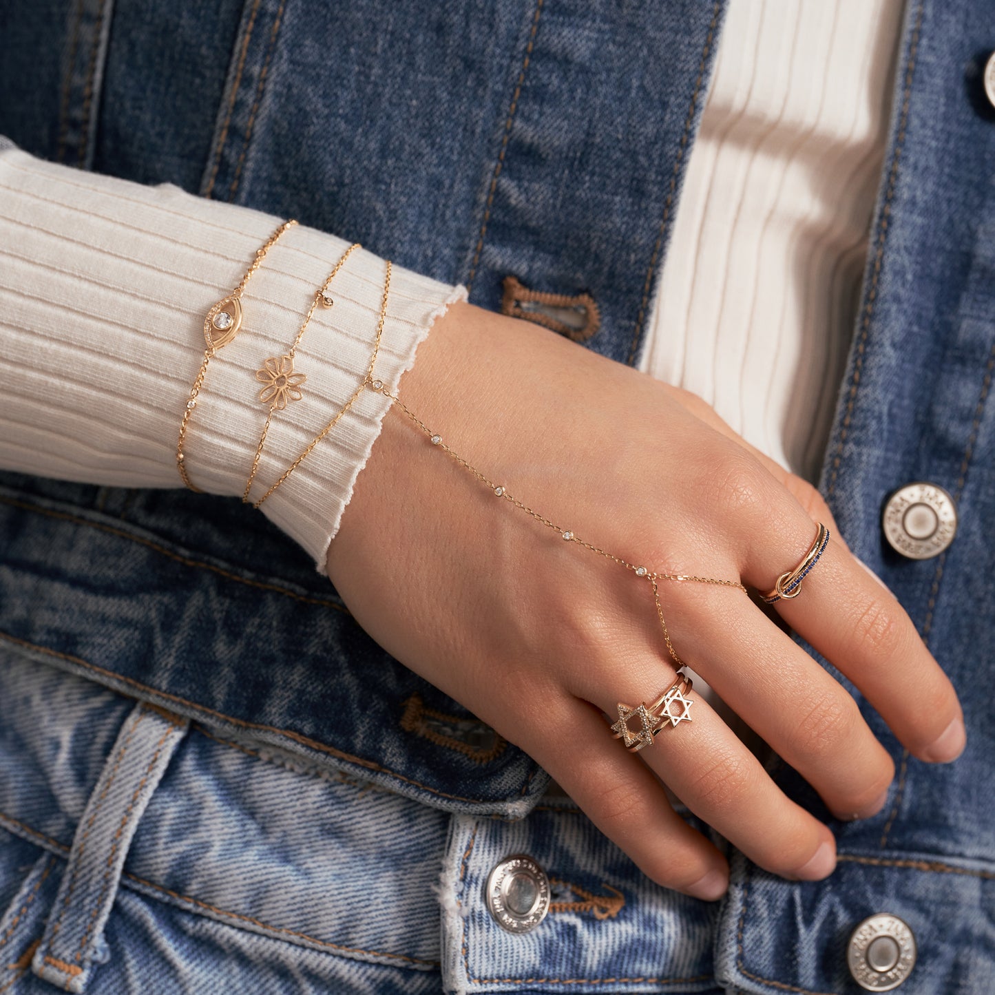 Diamond Bezel-Set Station Hand Chain Bracelet in 14k Solid Gold