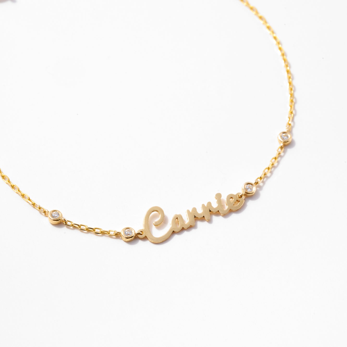 Carrie Name Bracelet Diamond Station Bracelet in 14k Solid Gold