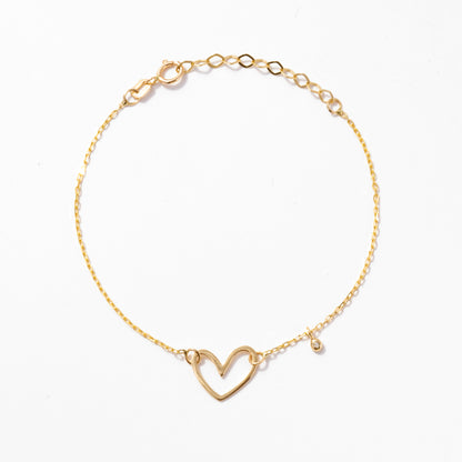 Open Heart Bracelet with Diamond in 14k Solid Gold