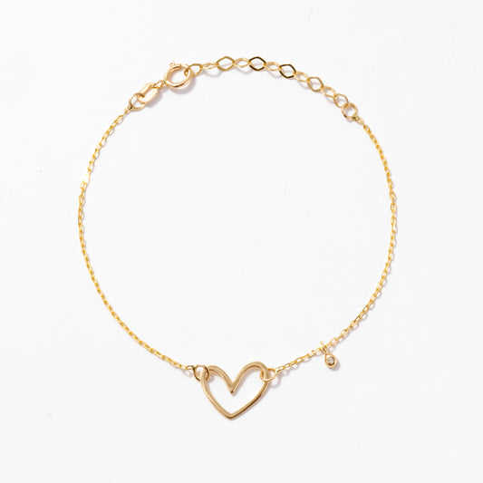 Open Heart Bracelet with Diamond in 14k Solid Gold