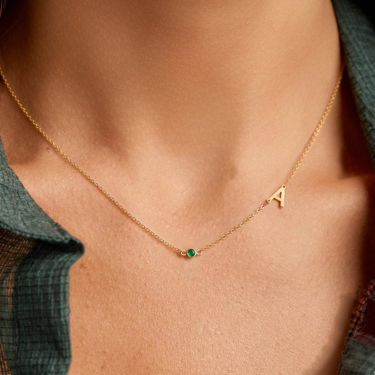 Personalized Sideways Initial Birthstone Necklace
