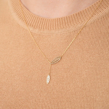 Leaf Lariat Necklace in 14K Solid Gold