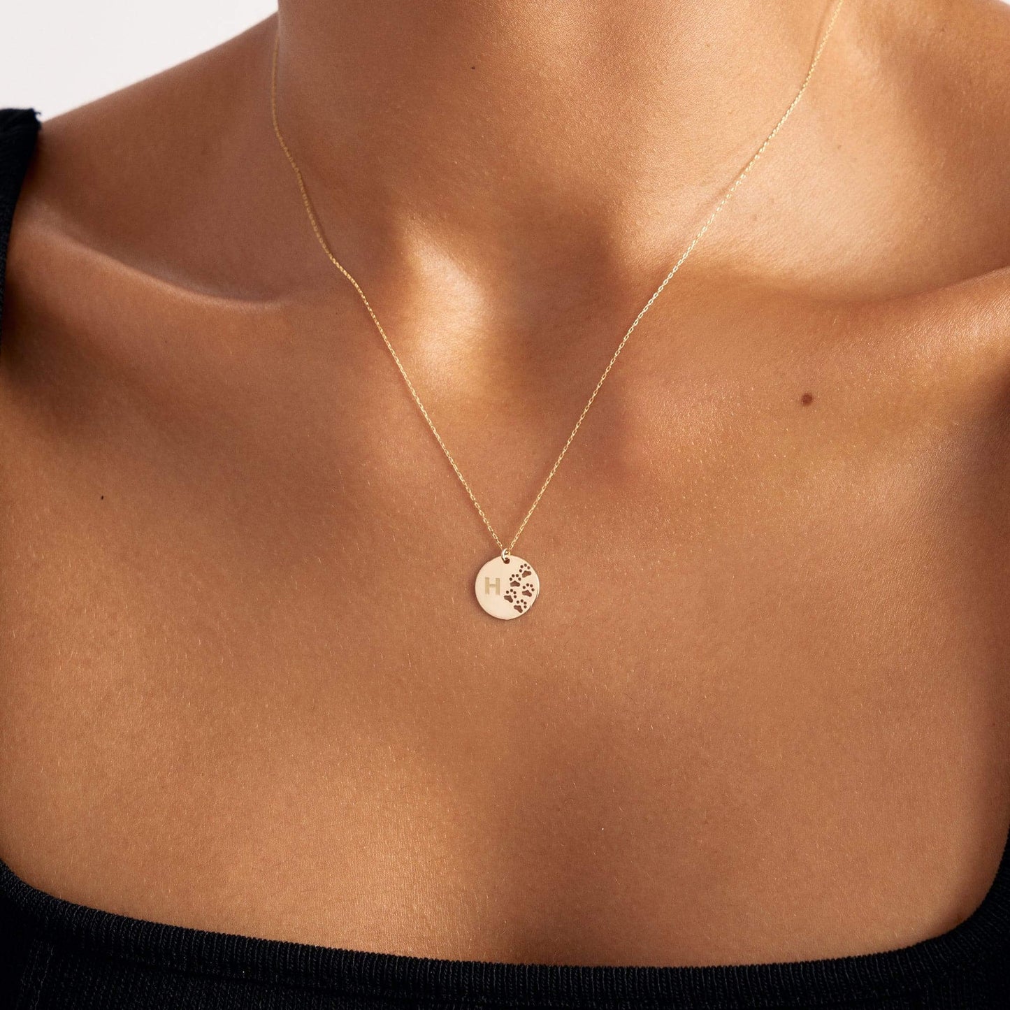 Paw Print Engravable Disc Pendant Necklace in 14K Solid Gold