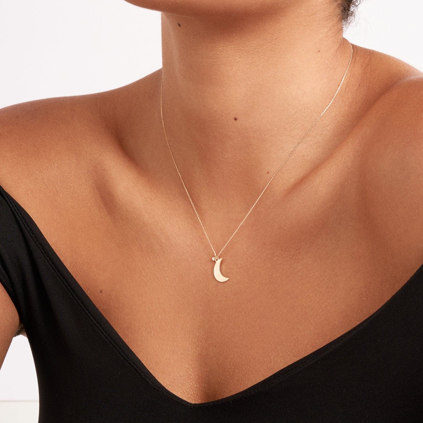 Gelin 14K Solid Gold Half Moon Necklace with Diamond Moon