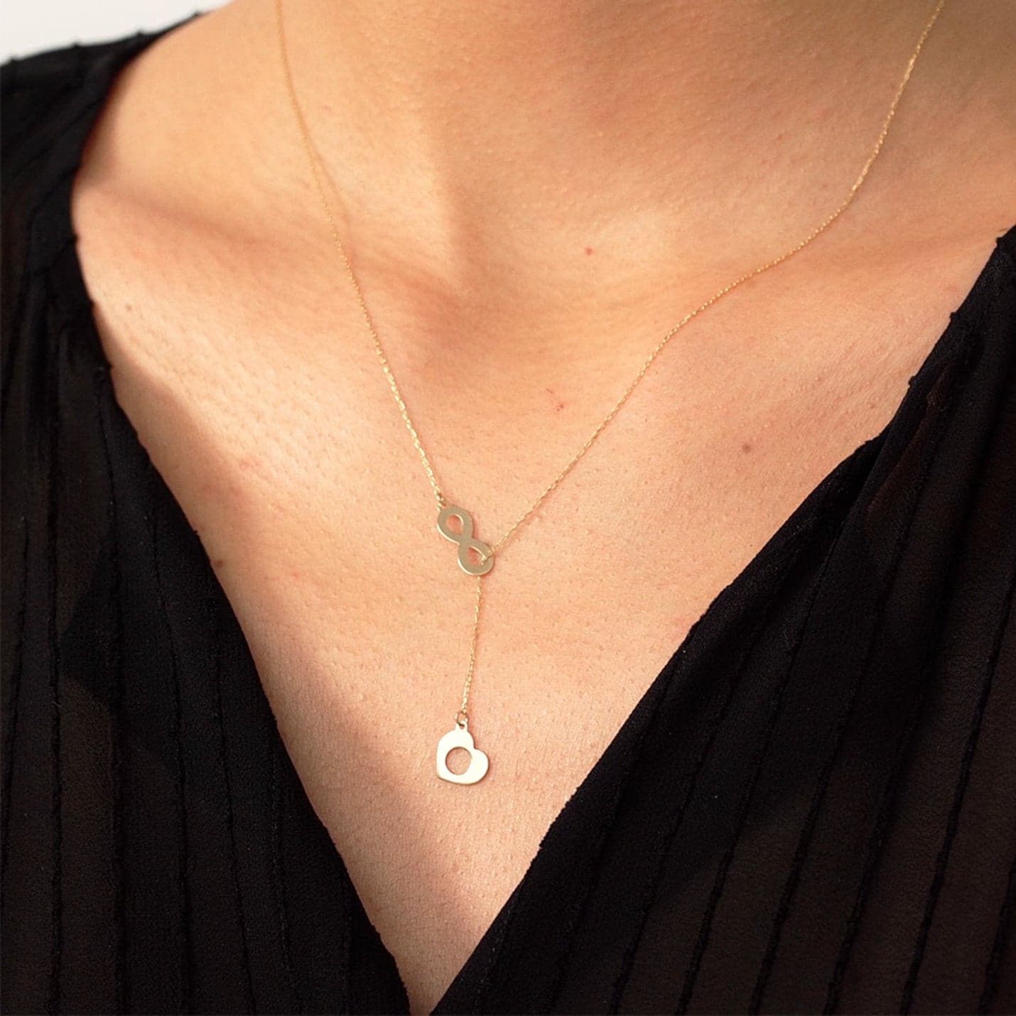 Infinity Sign and Heart Y-Necklace Pendant Necklace in 14K Solid Gold