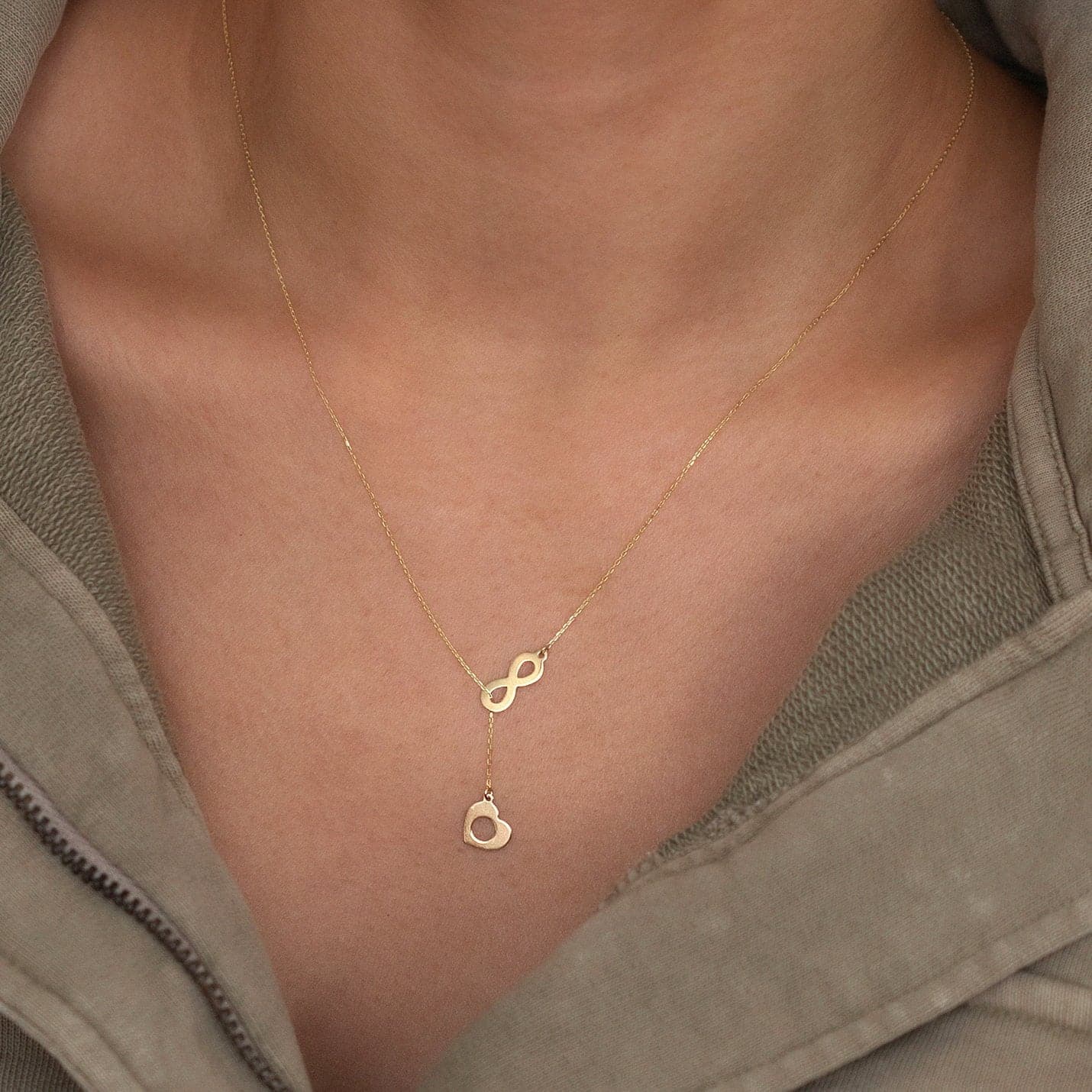 Infinity Sign and Heart Y-Necklace Pendant Necklace in 14K Solid Gold