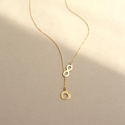 Infinity Sign and Heart Y-Necklace Pendant Necklace in 14K Solid Gold