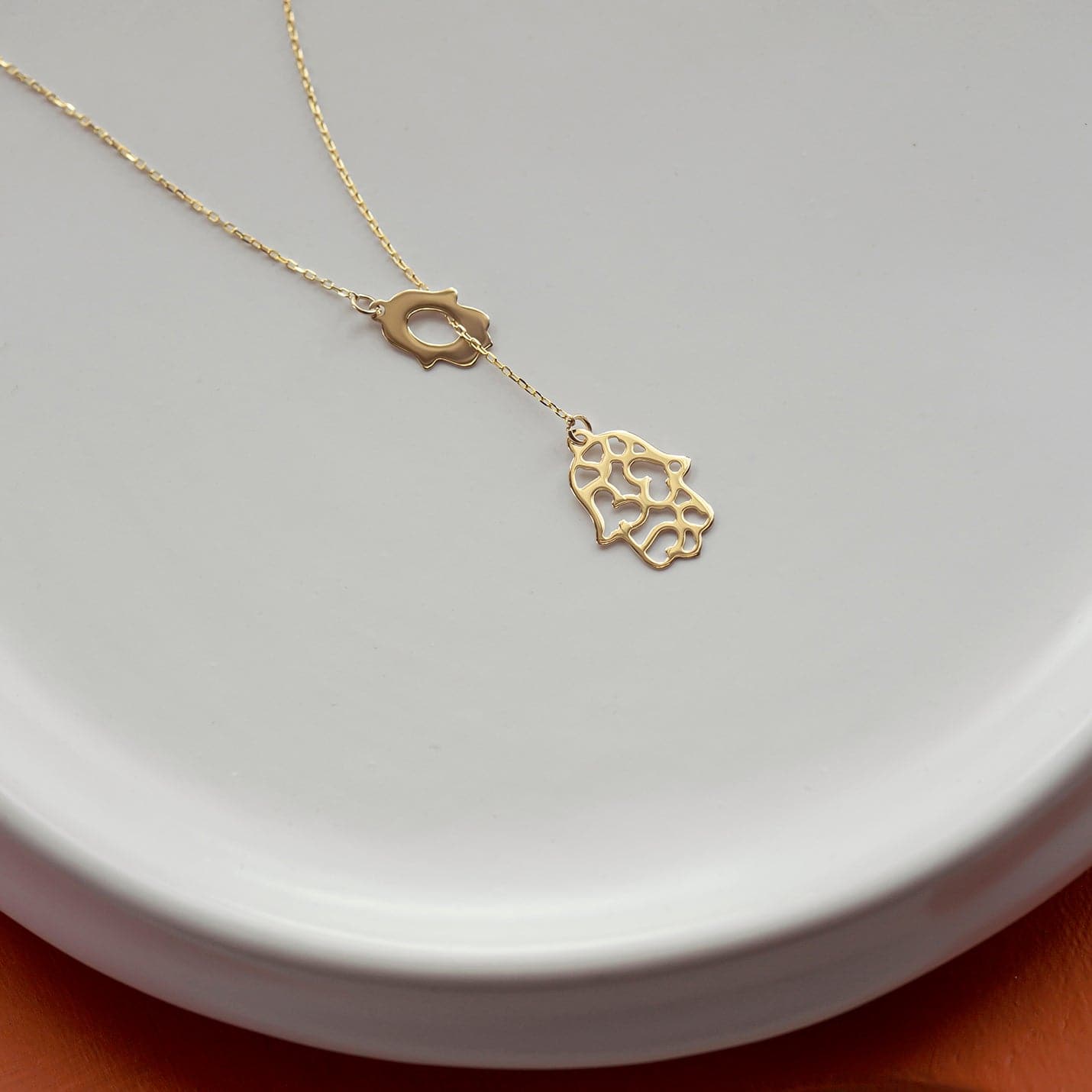 Hamsa Lariat Necklace in 14K Solid Gold