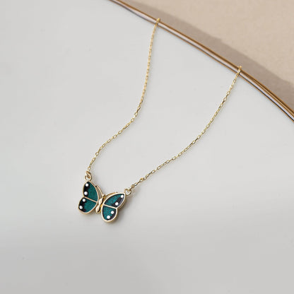 Enamel Butterfly Necklace in 14K Solid Gold