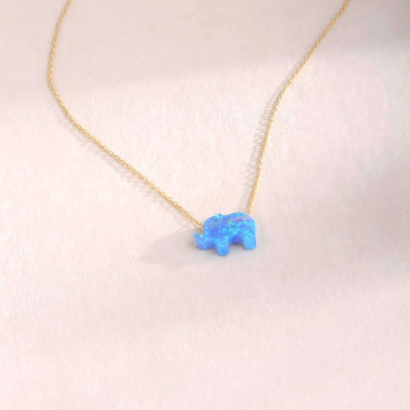 Opal Elephant Necklace in 14K Solid Gold, Adjustable