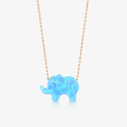 Opal Elephant Necklace in 14K Solid Gold, Adjustable