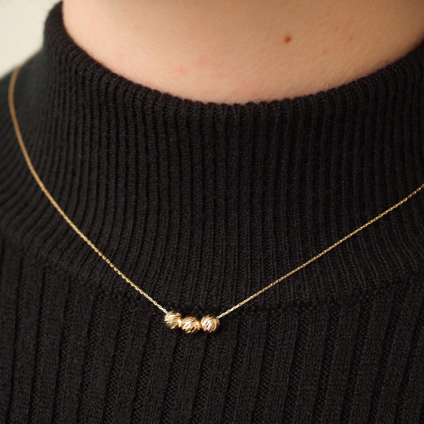 Three Beads Pendant Necklace in 14K Solid Gold