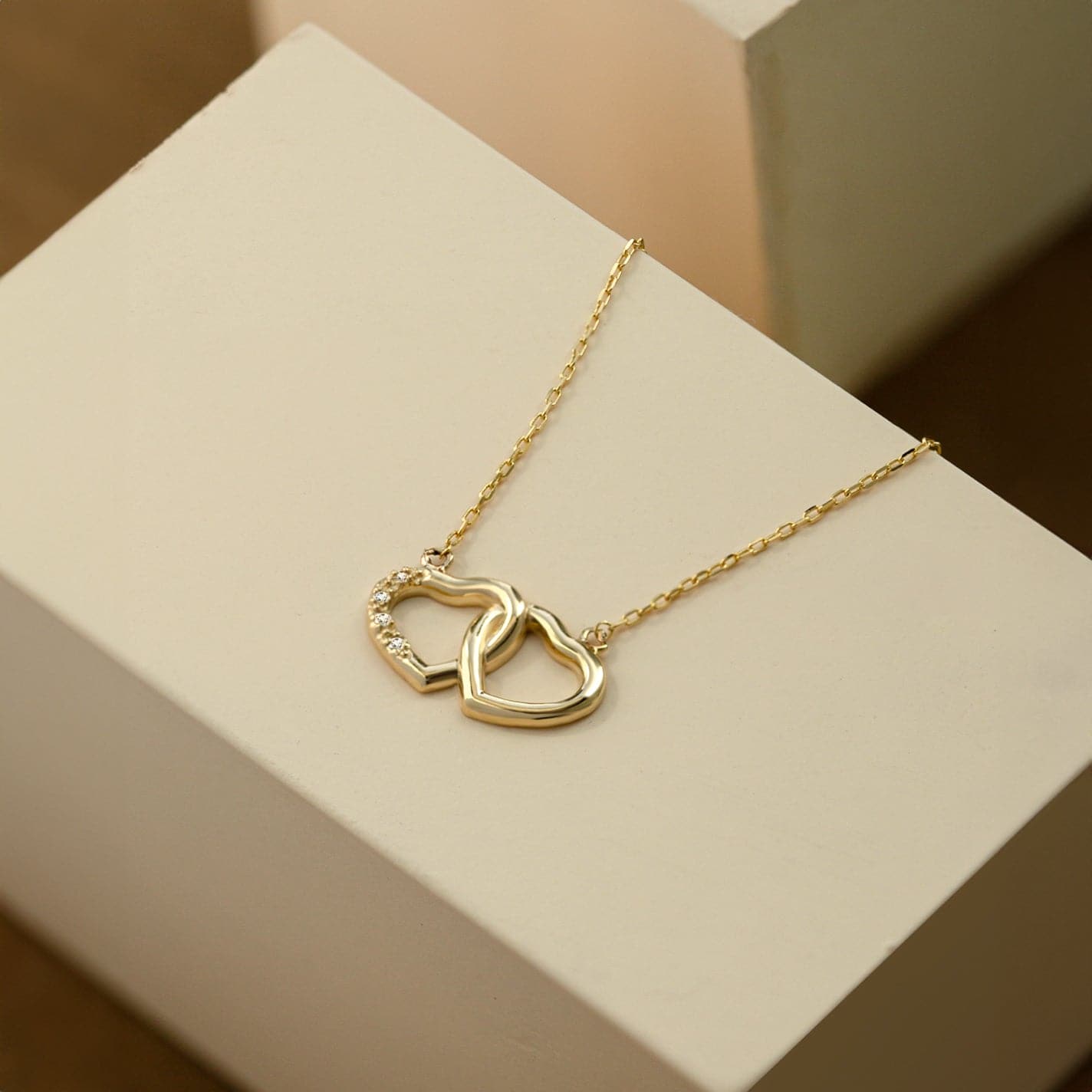 Diamond Interlocking Hearts Pendant Necklace in 14K Solid Gold