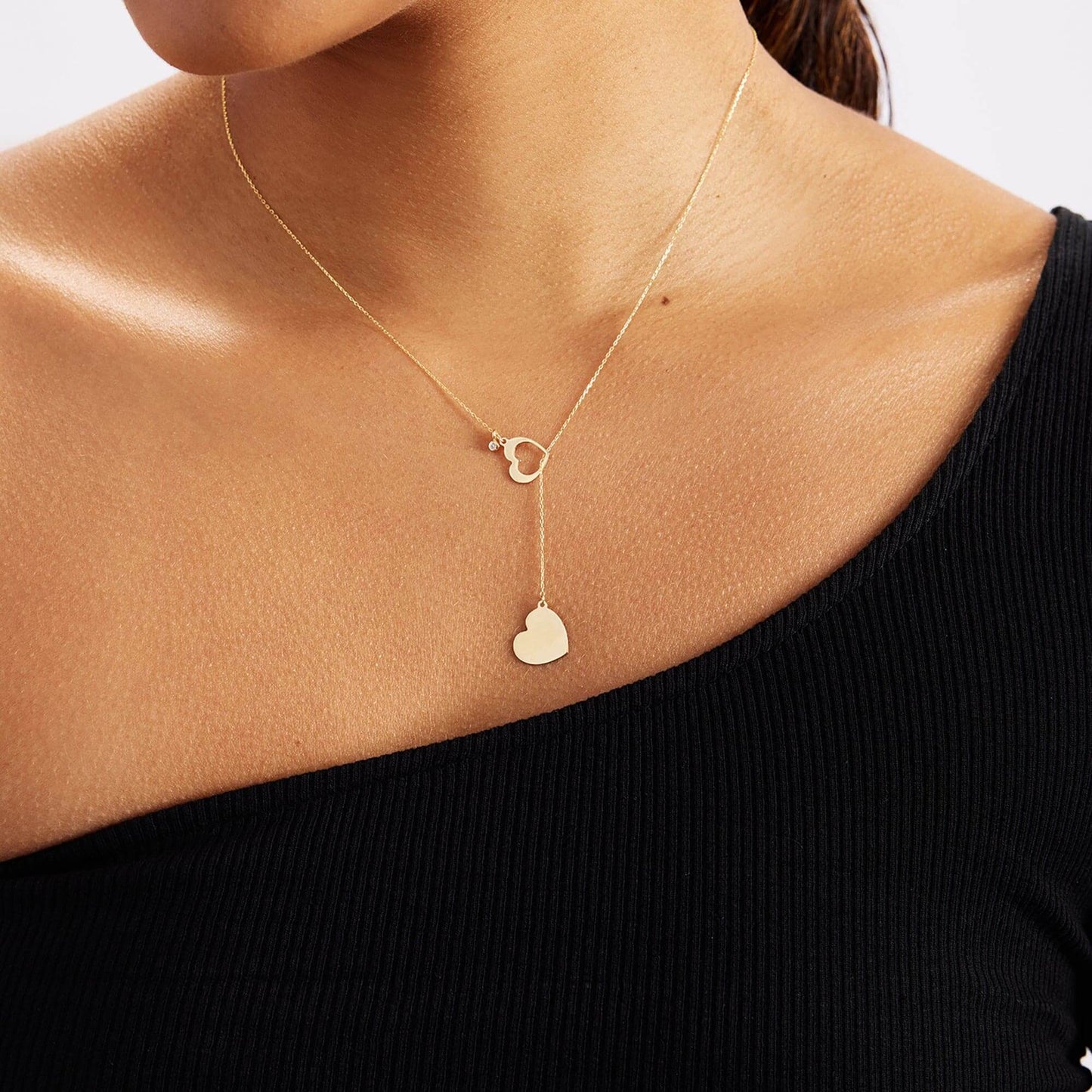 Diamond Double Heart Y-Necklace in 14K Solid Gold