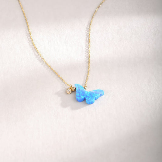 Diamond Opal Butterfly Pendant Necklace