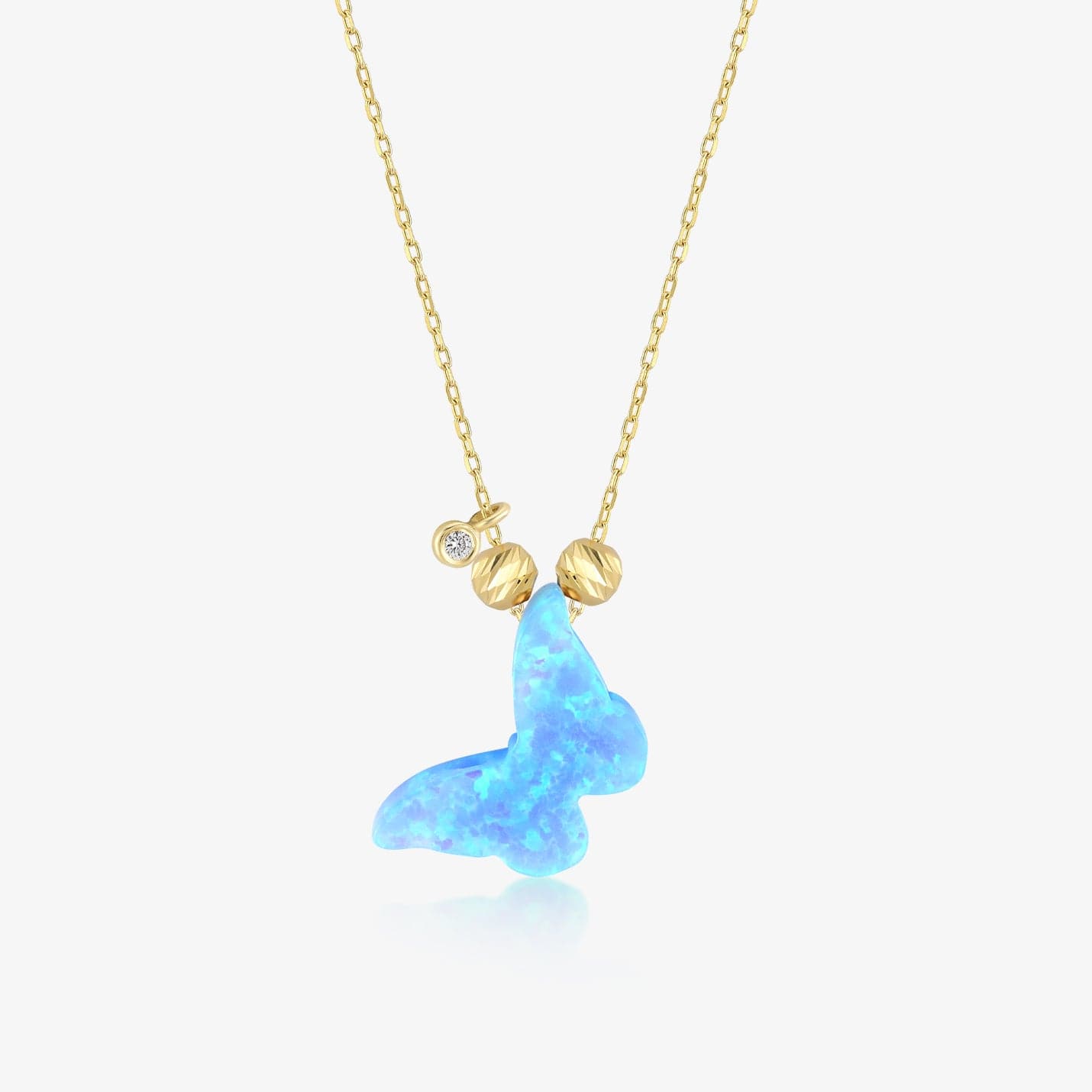 Diamond Opal Butterfly Pendant Necklace in 14K Solid Gold