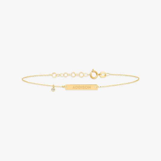 Diamond Engravable Bar Bracelet in 14K Solid Gold, Adjustable