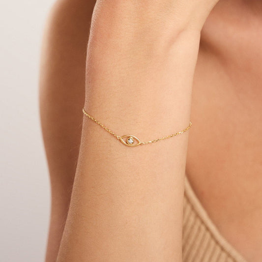 Diamond Evil Eye Outline Bracelet in 14K Solid Gold, Adjustable