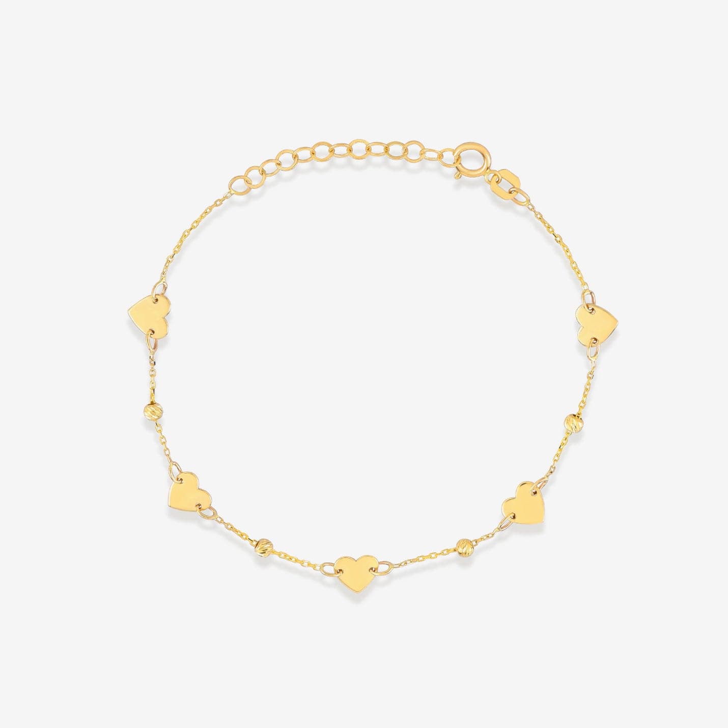 Heart Beaded Station Bracelet in 14K Solid Gold, Adjustable