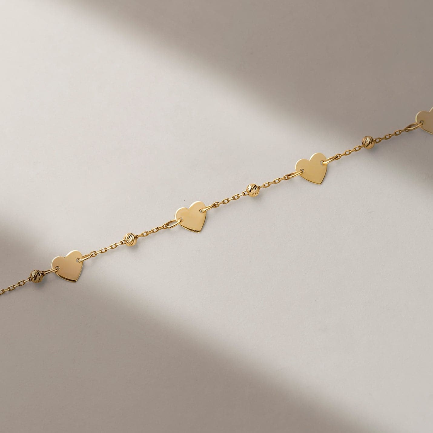 Heart Beaded Station Bracelet in 14K Solid Gold, Adjustable