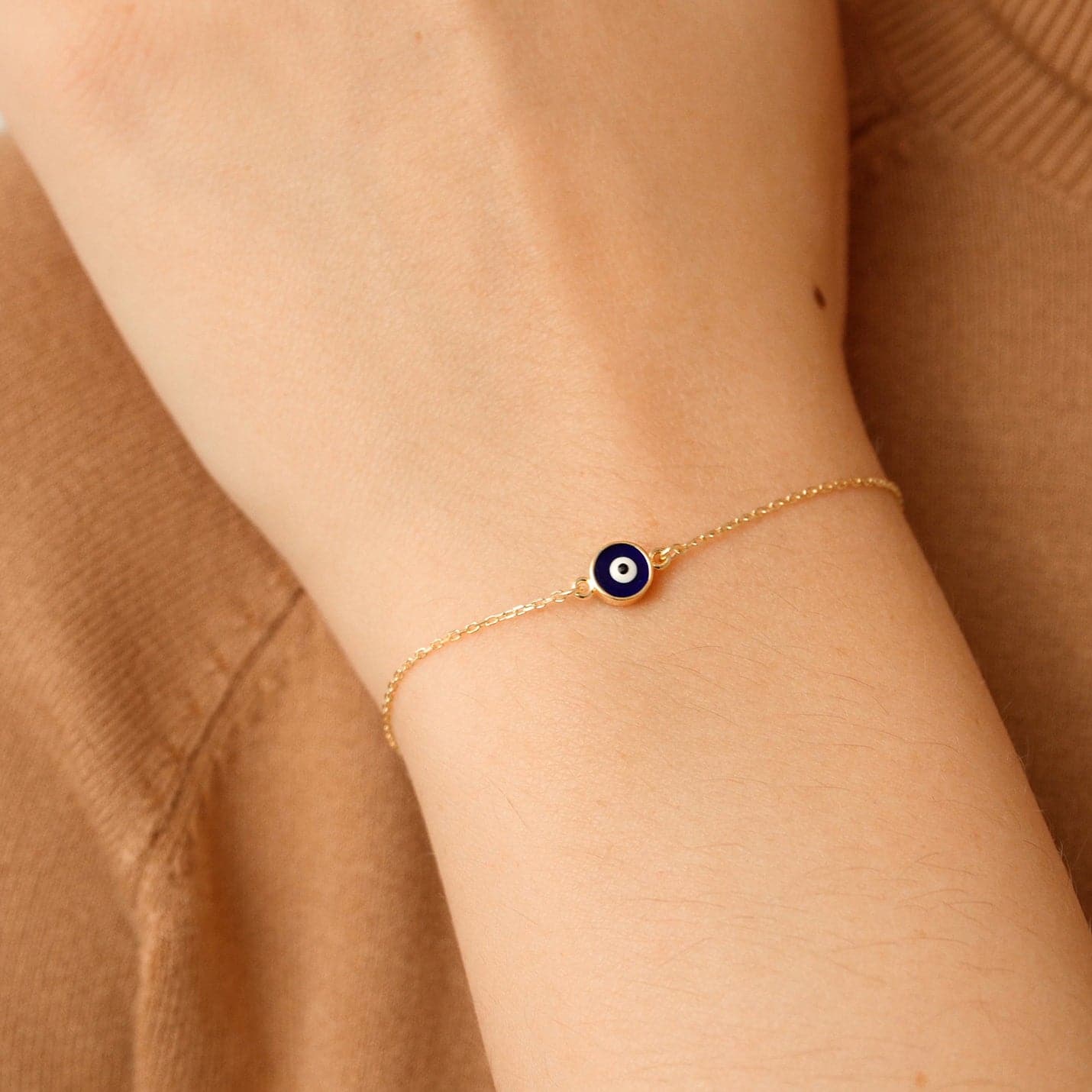 14k Solid Gold Mini Evil Eye Bracelet | Blue Eye Bracelets for
