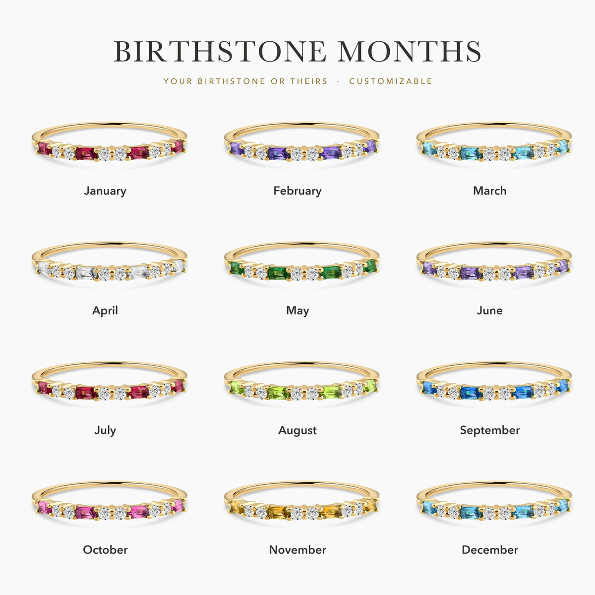 Baguette Birthstone and Diamond Stacking Ring