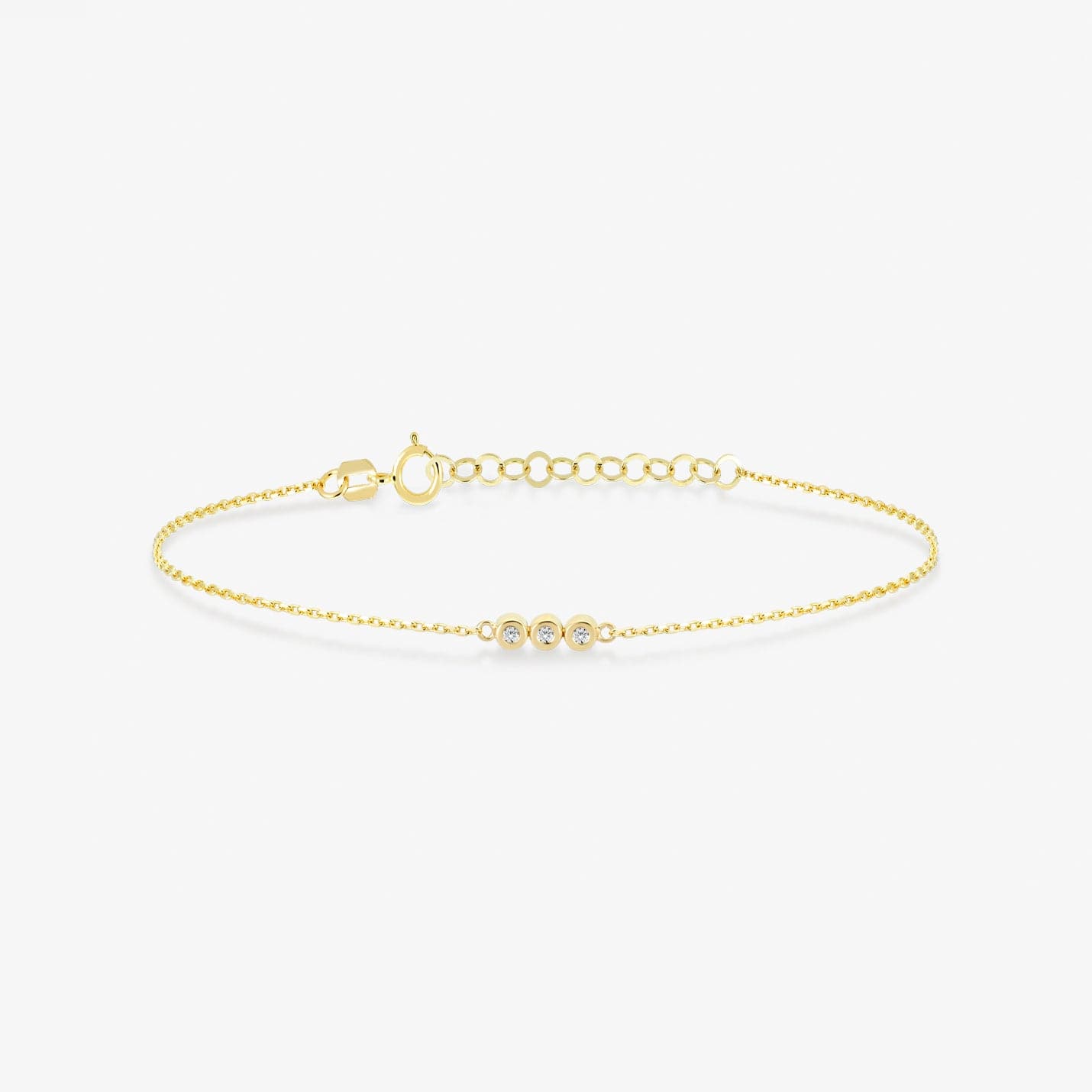 Diamond Three Stone Bracelet in 14K Solid Gold, Adjustable