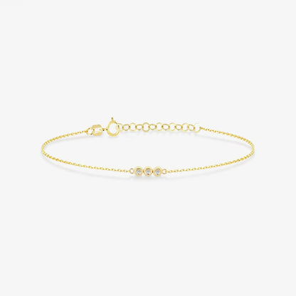 Diamond Three Stone Bracelet in 14K Solid Gold, Adjustable