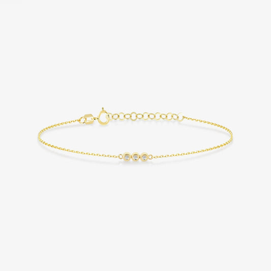 Diamond Three Stone Bracelet in 14K Solid Gold, Adjustable