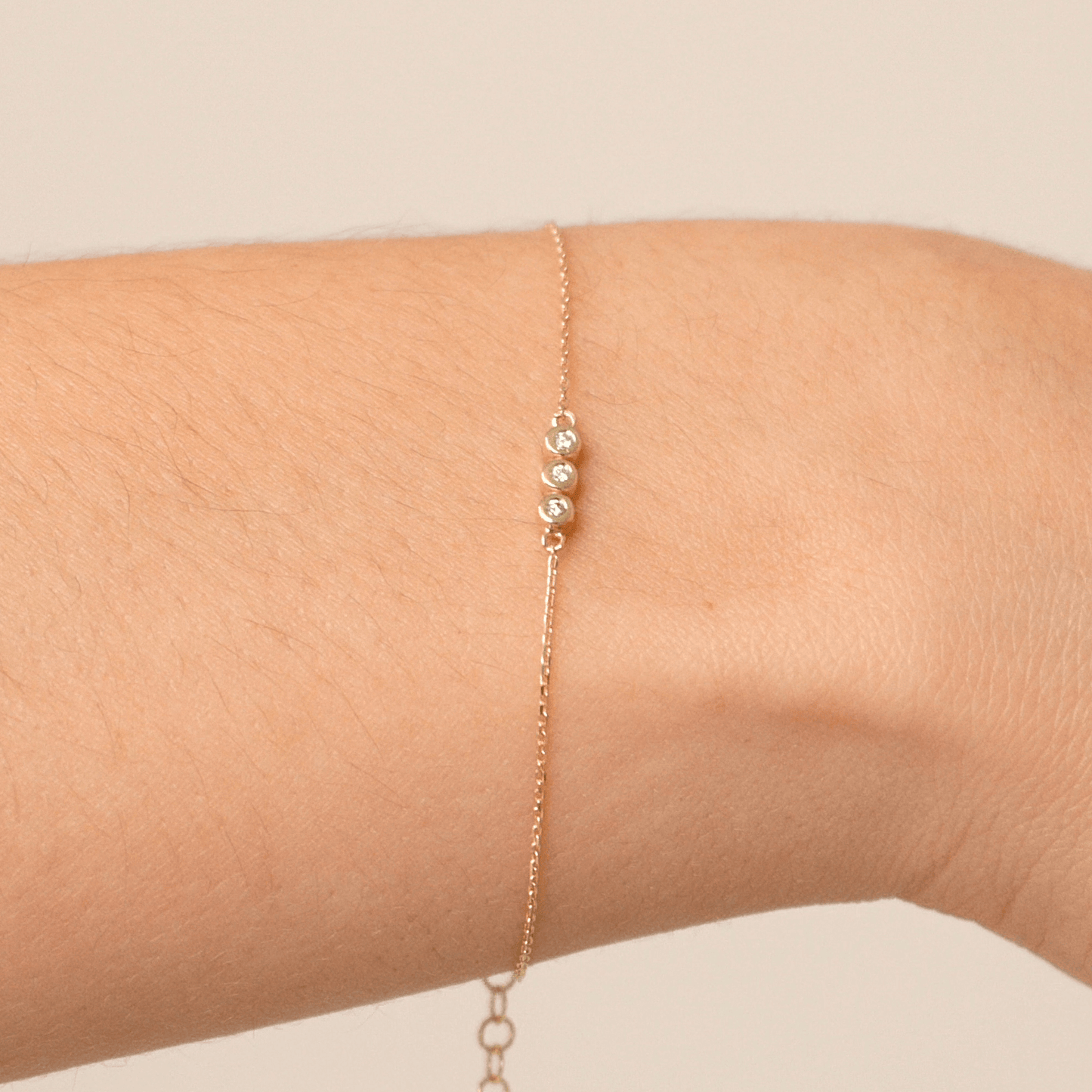 Diamond Three Stone Bracelet in 14K Solid Gold, Adjustable