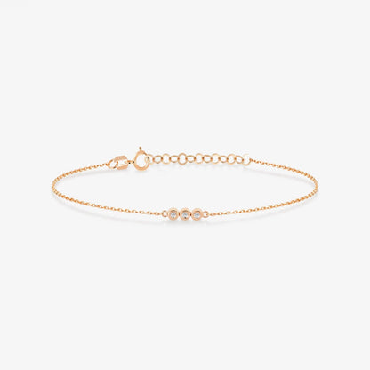 Diamond Three Stone Bracelet in 14K Solid Gold, Adjustable