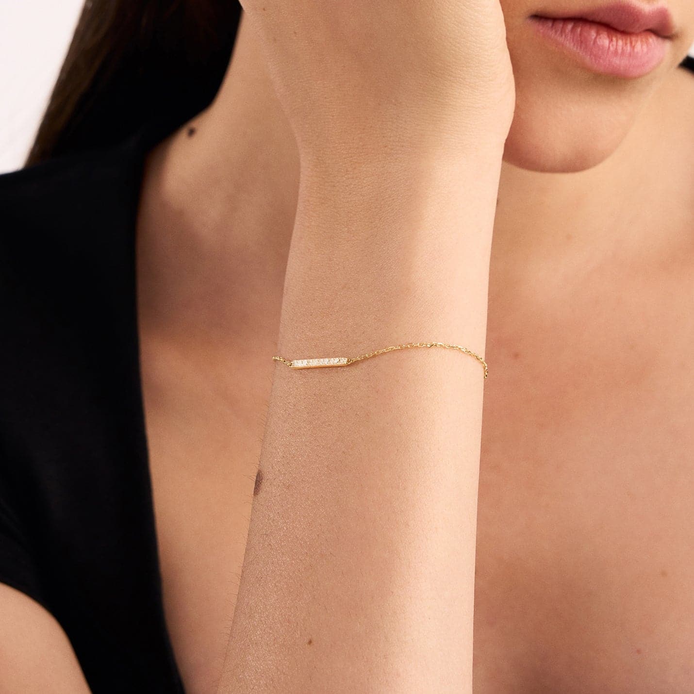 Pave Diamond Bar Bracelet in 14K Solid Gold