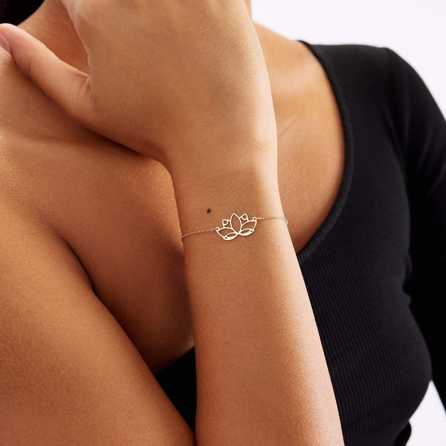 Bracelet fleur de lotus en or 14 carats, réglable