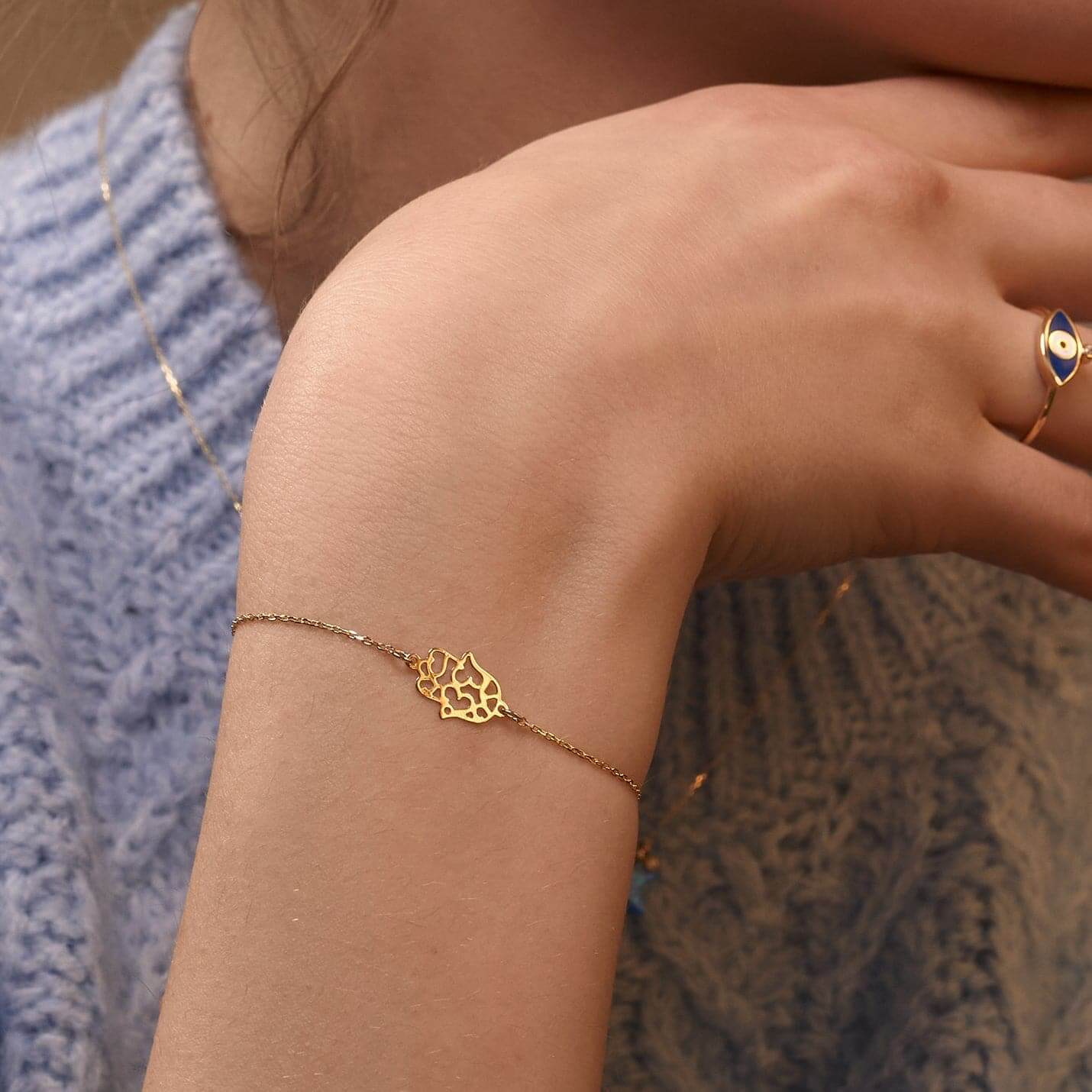 Hamsa Hand Bracelet in 14K Solid Gold