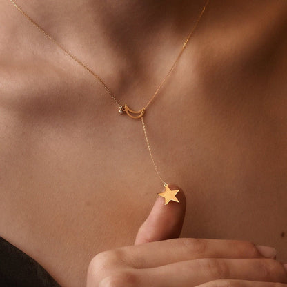 Diamond Moon-Star Y-Necklace in 14K Solid Gold