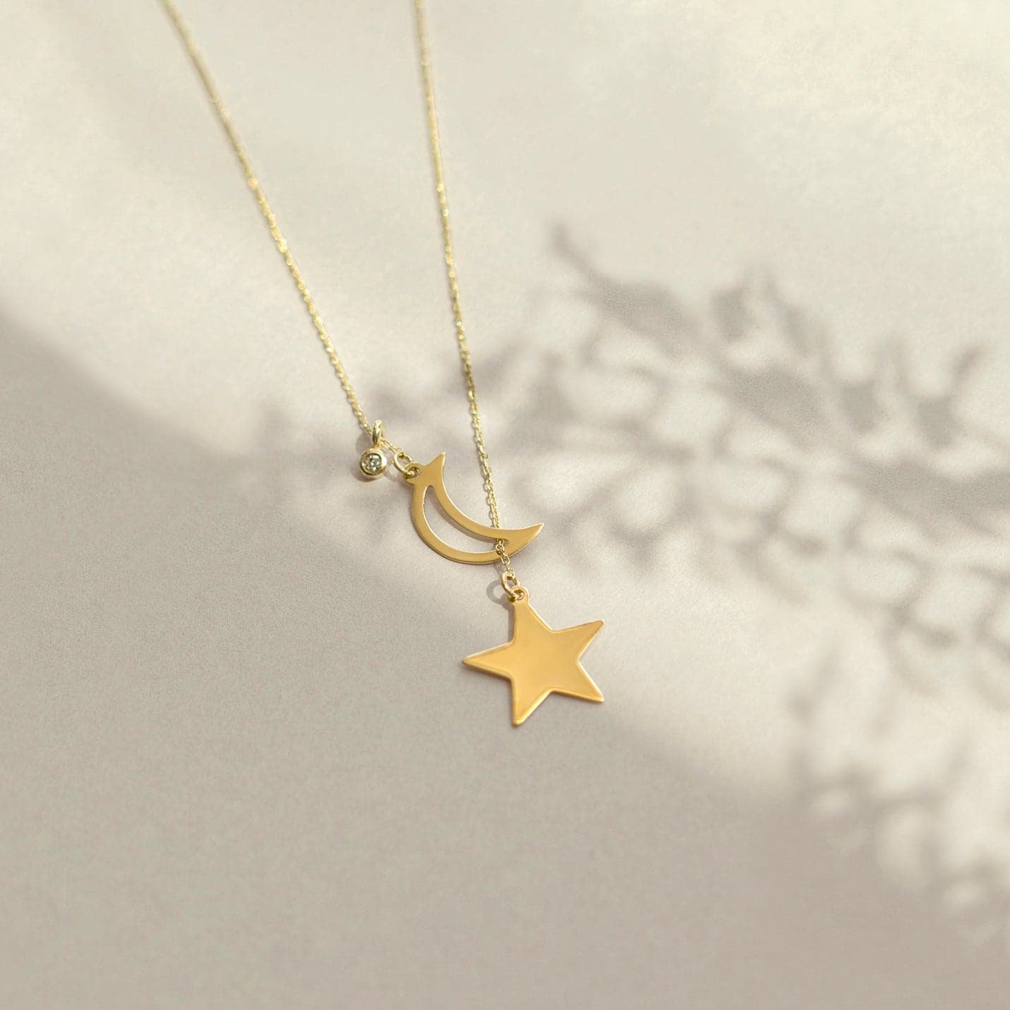 Diamond Moon-Star Y-Necklace in 14K Solid Gold