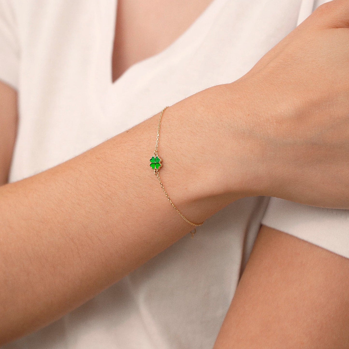 Green Clover Bracelet in 14K Solid Gold