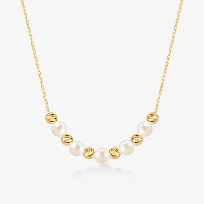 Bead and Pearl Station Necklace in 14K Solid Gold